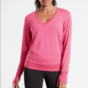 ATHLETA DRAGONFRUIT PINK LONG SLEEVE SUNRISE V-NECK SWEATSHIRT
